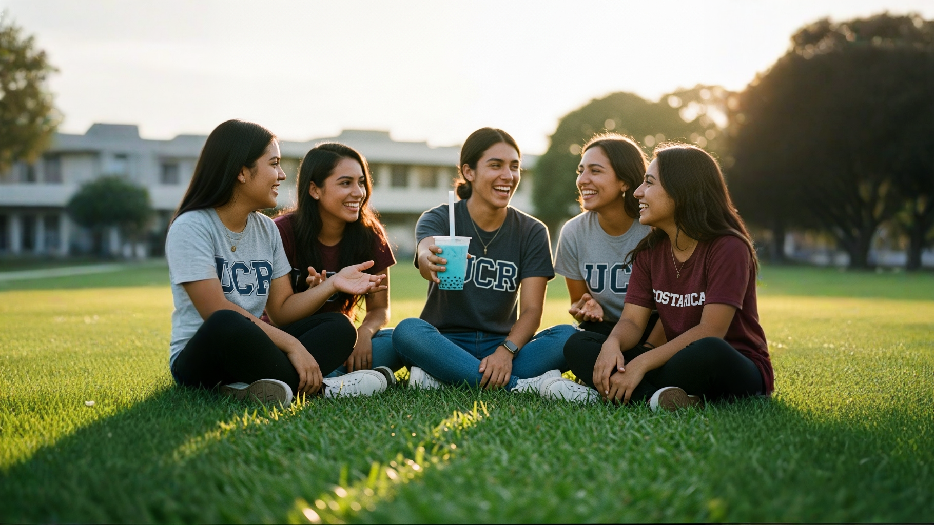Vaso de té de burbujas azul intenso en la grama de San Pedro UCR