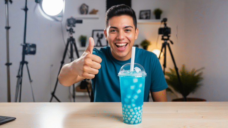 Vaso azul con vetas blancas y cubitos de nata de coco