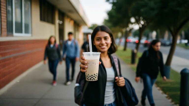 Vaso transparente con té de burbujas y perlas de tapioca negras