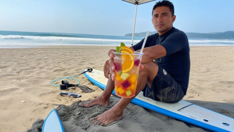 Vaso con té de frutas tropicales frío sobre mesa en playa de Jacó