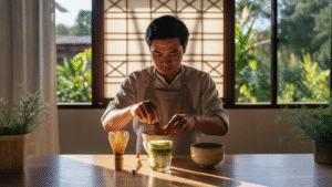 Tazón de matcha au lait con espuma fina y batidor de bambú sobre mostrador de madera