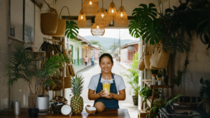 Vaso sellado con piña colada milk tea y frutas frescas encima