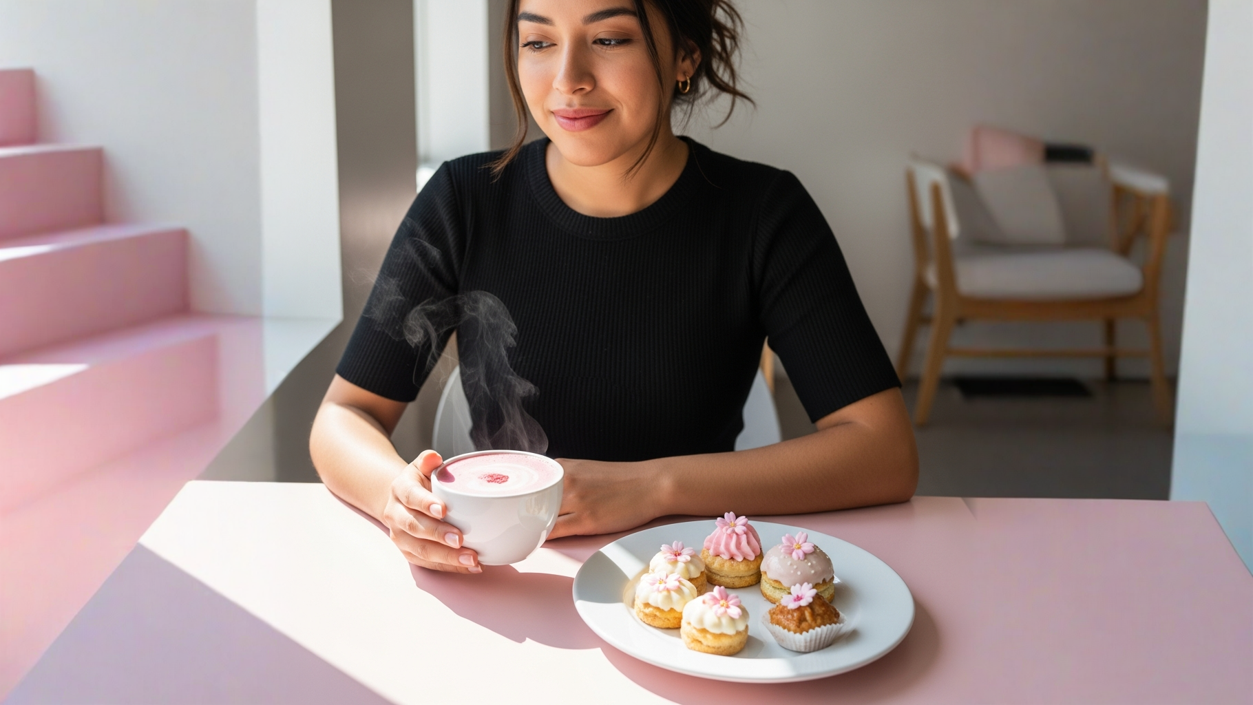Vaso rosado cremoso con polvo de fresa sakura en mesa lisa