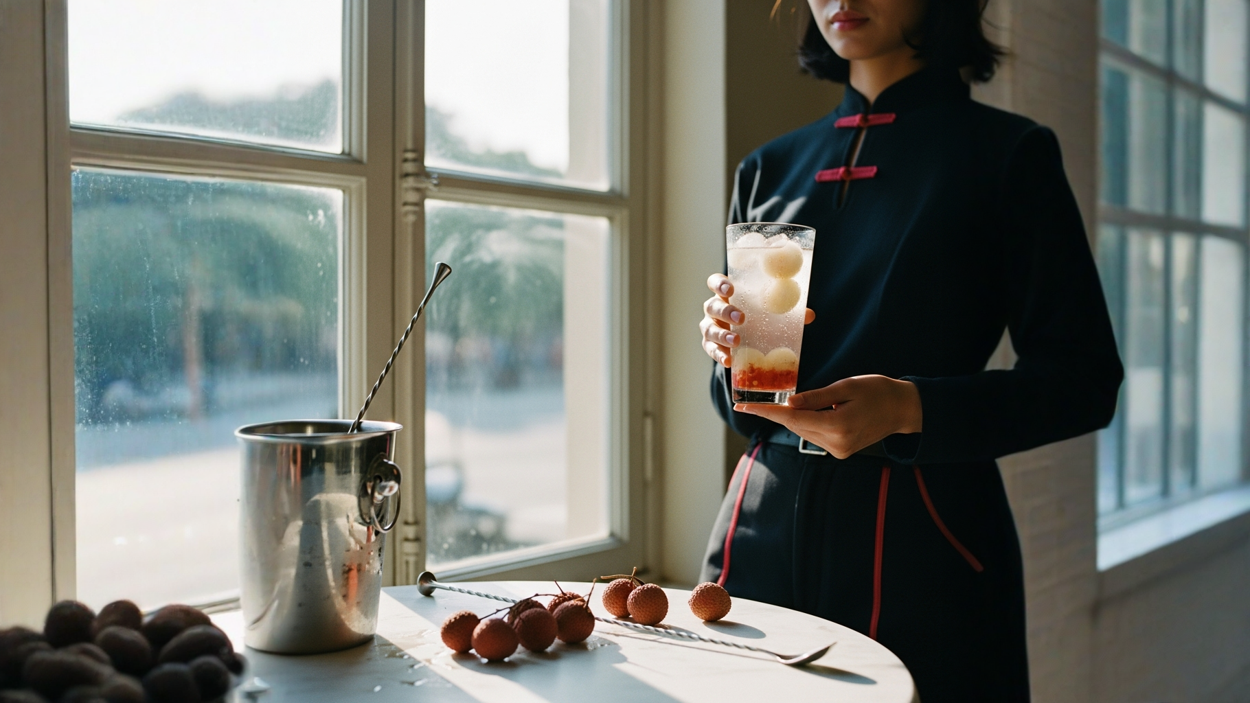 Vaso alto con bebida gaseosa de sirope de lichi y hielo brillante