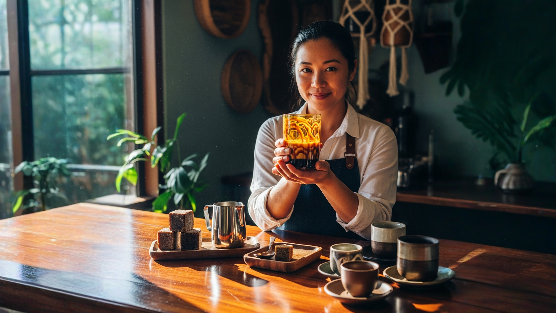 Vaso con té con leche y jarabe de azúcar negra de Okinawa en barra japonesa