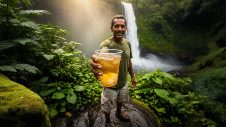Vaso de té verde con piña tropical y coco jelly en La Fortuna