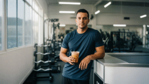 Vaso con té frío leche y azúcar negra de Okinawa con vetas y hielo