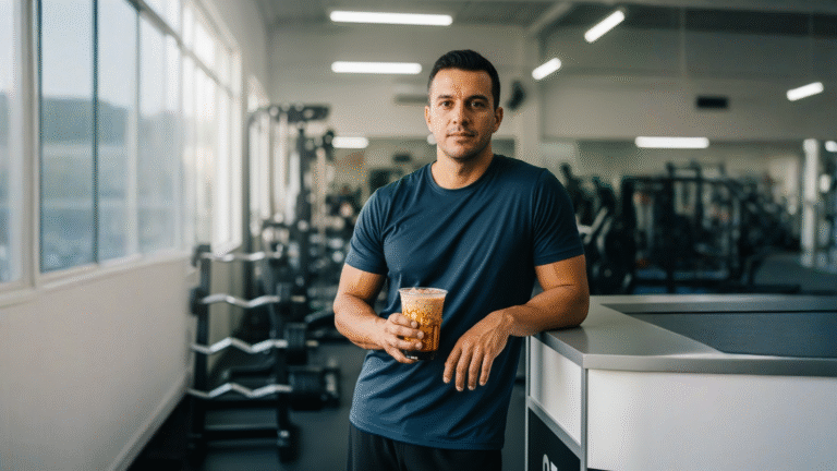 Vaso con té frío leche y azúcar negra de Okinawa con vetas y hielo