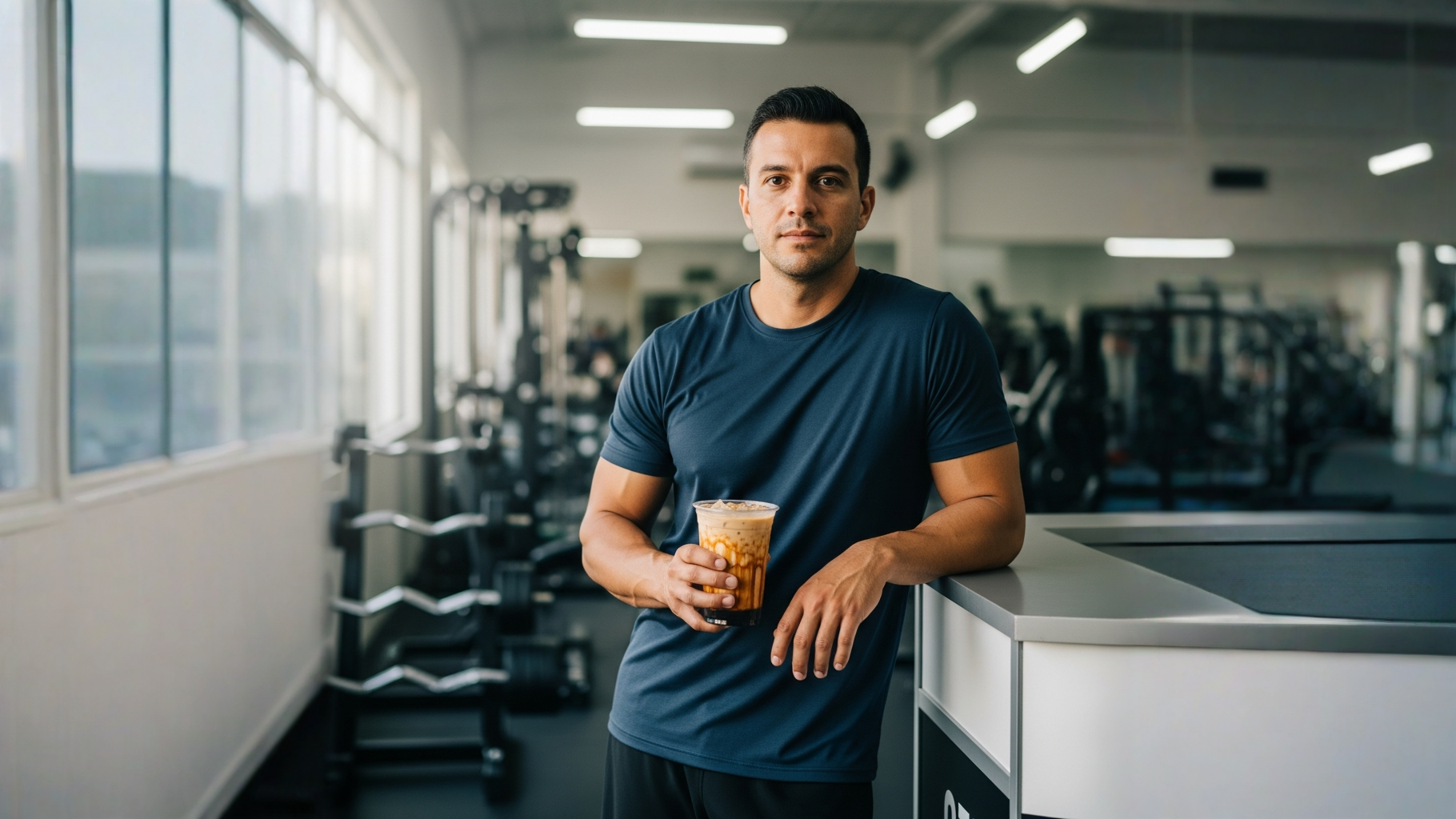 Vaso con té frío leche y azúcar negra de Okinawa con vetas y hielo