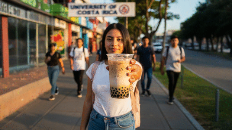 Vaso de té de burbujas con perlas de tapioca junto a mochila en acera