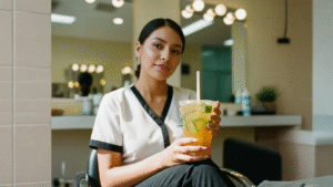 Vaso con miel limón y cubitos transparentes de aloe vera frescos