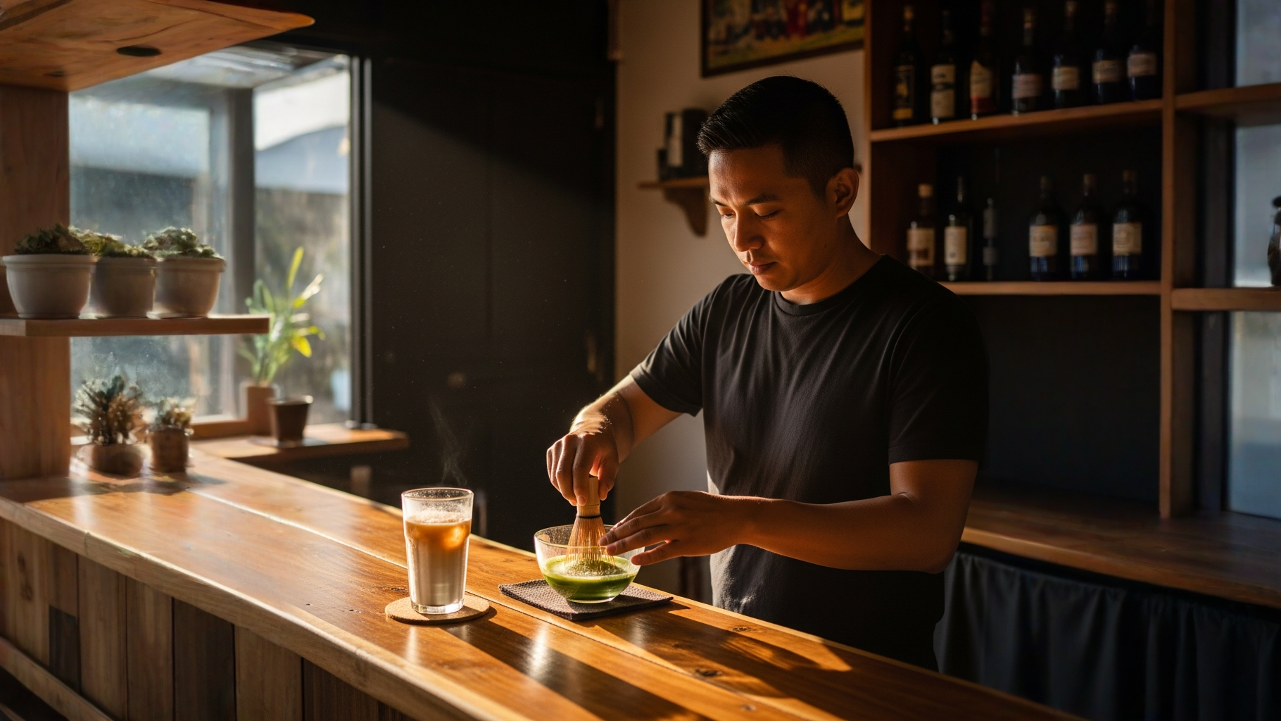 Preparacion de matcha au lait en barra de cafe en Costa Rica