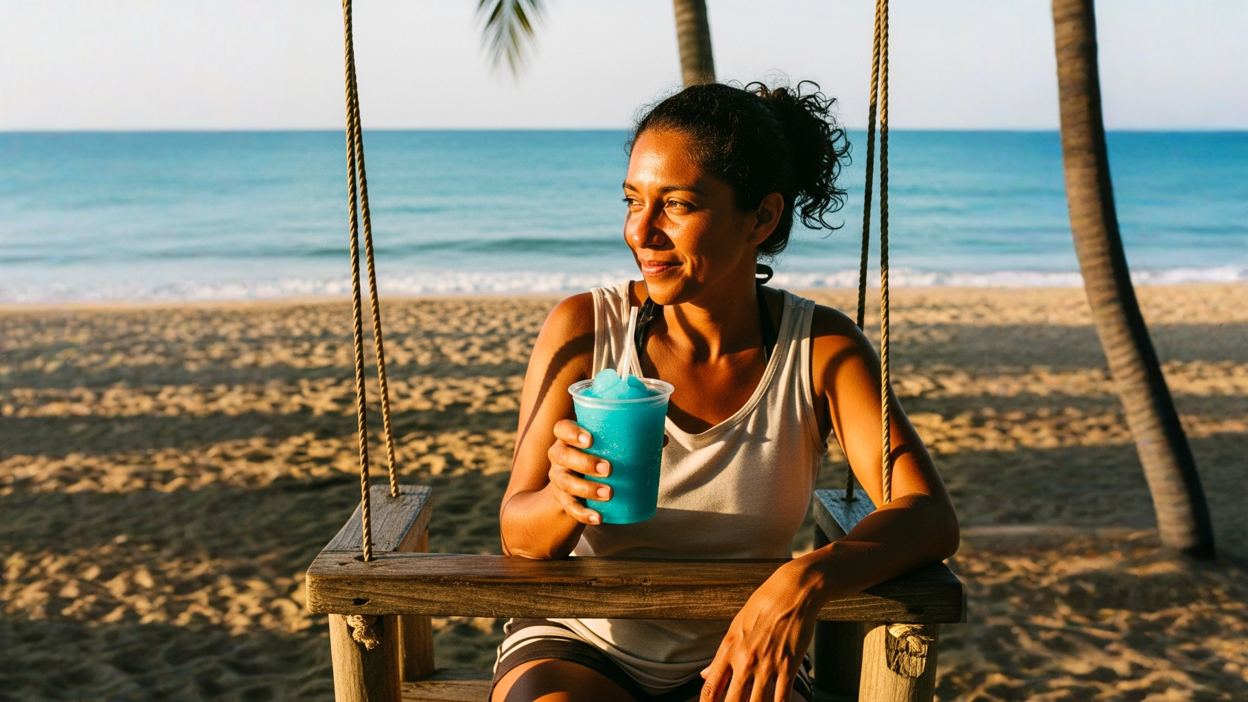 Vaso de granizado azul de chicle con mar y palmeras al fondo