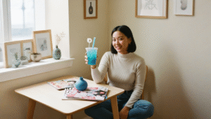 Vaso transparente con bebida bubble gum azul y coco gel con luz natural