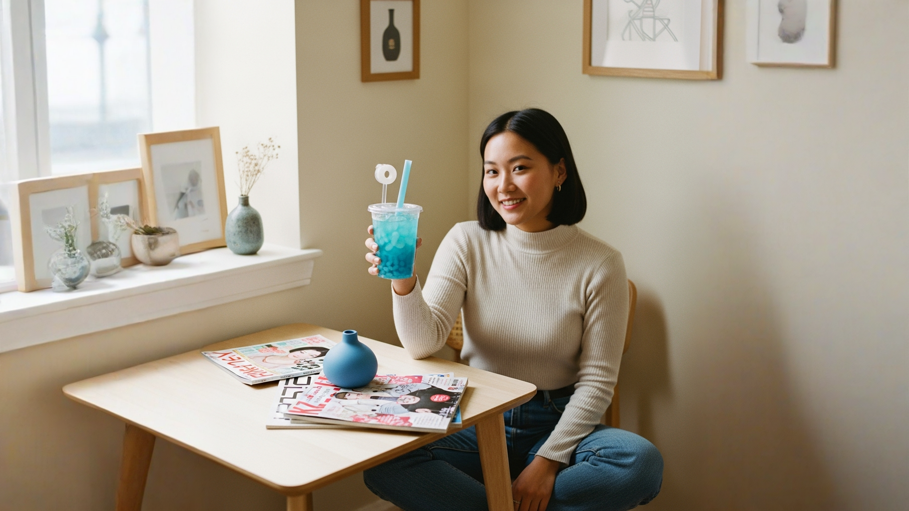 Vaso transparente con bebida bubble gum azul y coco gel con luz natural