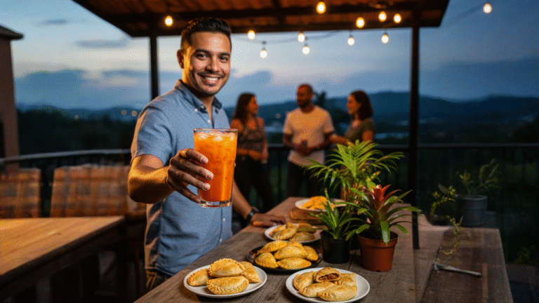 Vaso de té tailandés naranja con hielo en terraza al atardecer