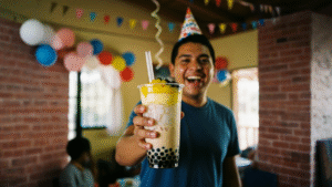 Vaso grande con bebida postre all toppings y toppings variados