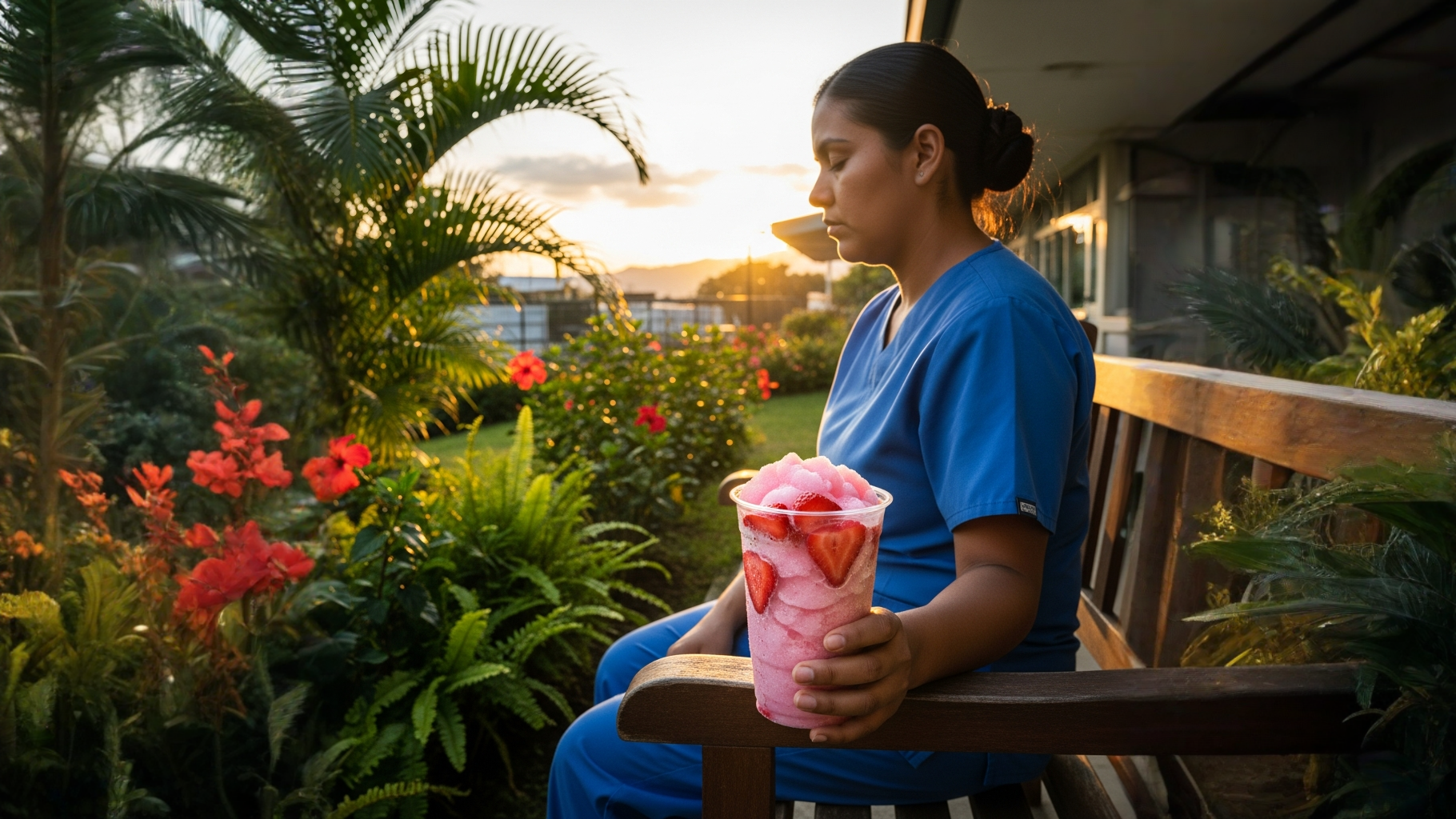 Batido helado de sakura y fresa en jardín hospitalario bobabocateacom Vaso con batido helado de sakura y fresa junto a una banca en jardín de hospital