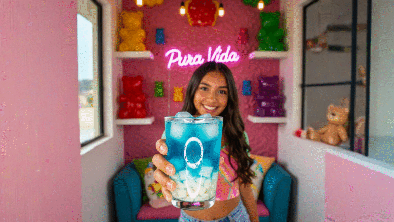 Vaso con bebida azul de bubble gum y nata de coco en capas