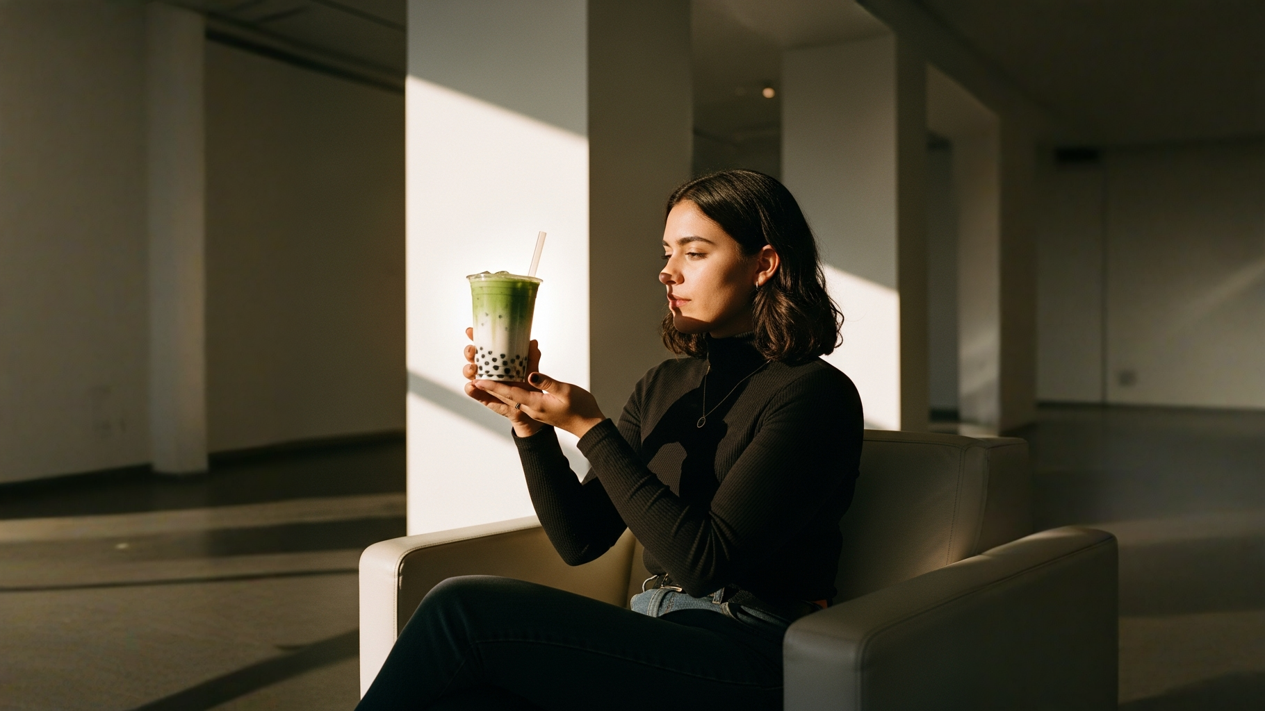 Vaso transparente de matcha latte con boba frente a pared blanca en museo