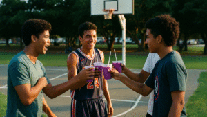 Vaso con taro slush morado frente a cancha de básquet al aire libre