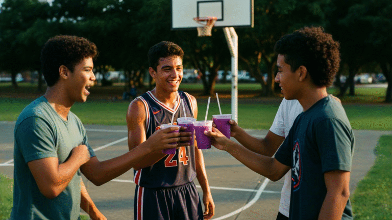 Vaso con taro slush morado frente a cancha de básquet al aire libre
