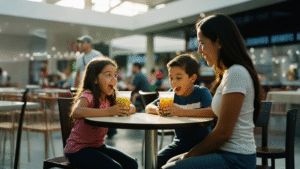 Vaso con bebida fría y perlas explosivas de maracuyá en área de comidas del mall