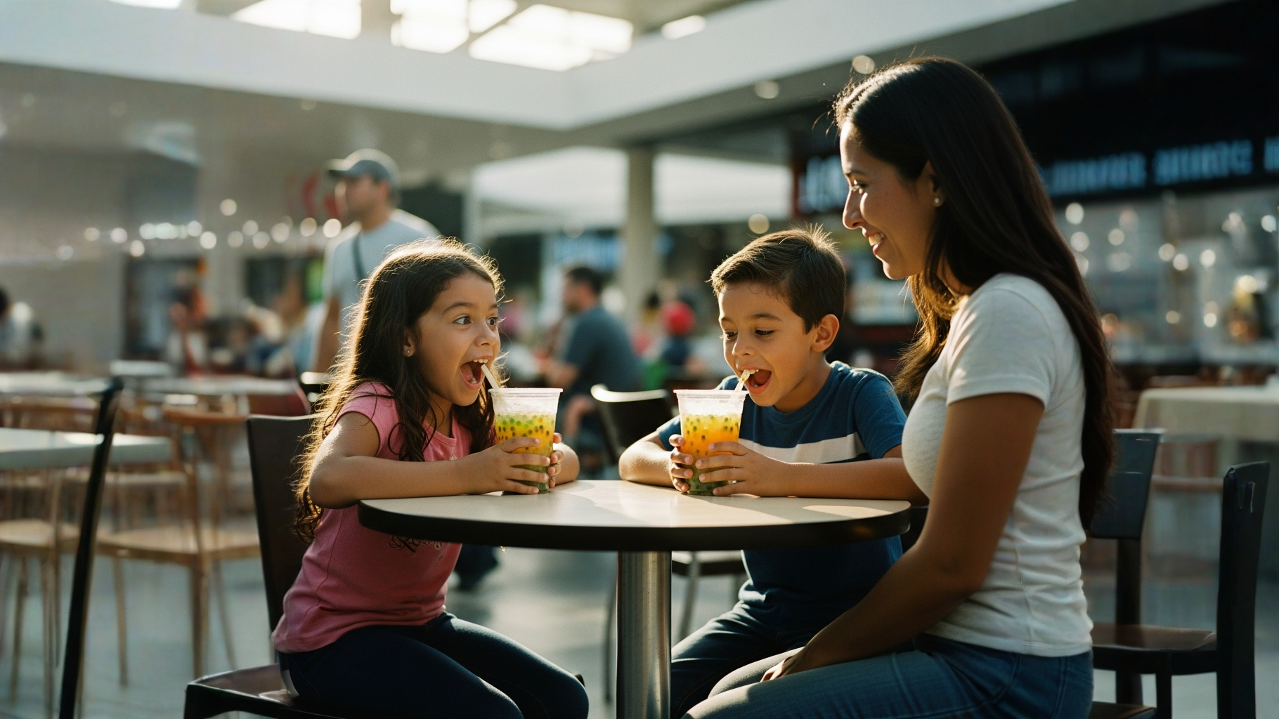 Vaso con bebida fría y perlas explosivas de maracuyá en área de comidas del mall