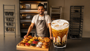 Vaso de Brown Sugar Boba con jarabe marcado y perlas tibias visibles