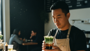 Vaso con té matcha con azúcar morena en capas y hielo transparente
