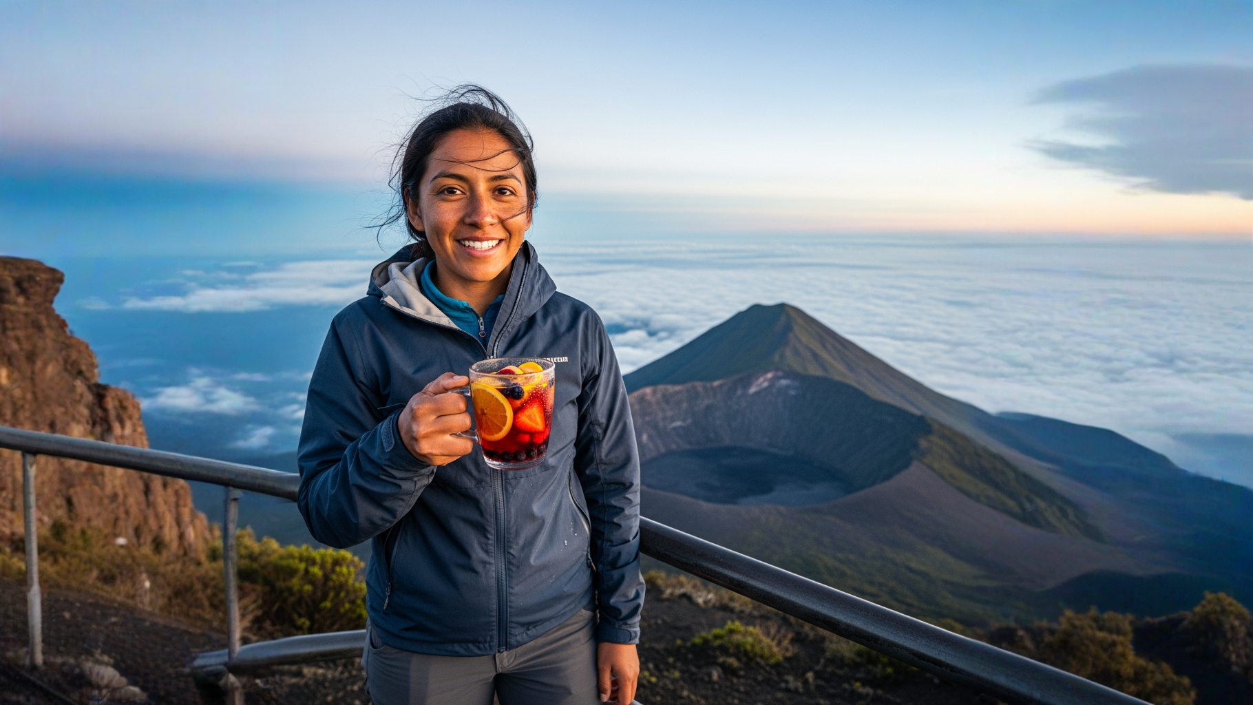 Vaso de té de frutas mixtas con vista al cráter del volcán Irazú y viento frío
