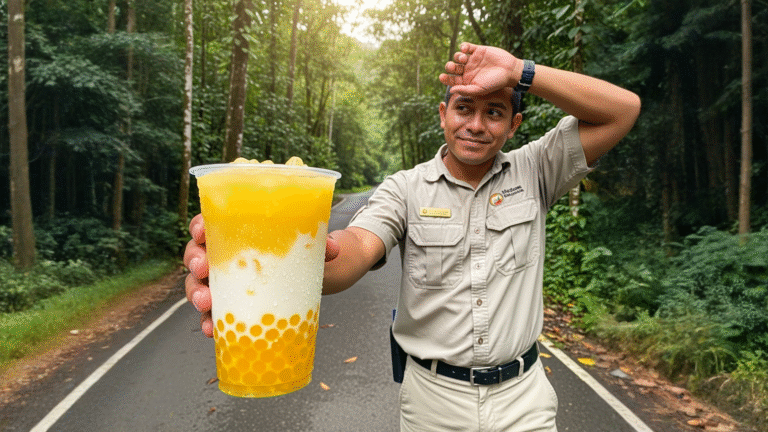 Vaso con piña colada fría y perlas explosivas de mango en Manuel Antonio