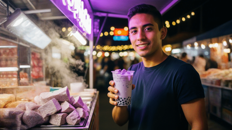 Vaso de té de leche de taro con perlas de tapioca en barra de bebidas