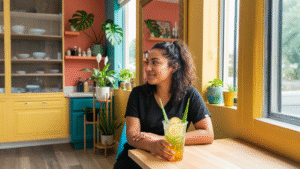 Vaso con té de frutas frío con cubitos transparentes de aloe vera y rodajas de limón