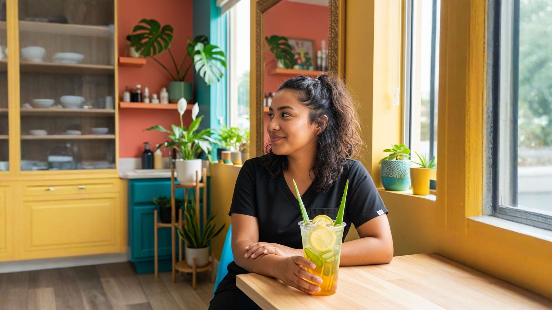 Vaso con té de frutas frío con cubitos transparentes de aloe vera y rodajas de limón
