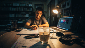 Vaso frío de té con leche de caramelo White Rabbit sobre escritorio en oficina