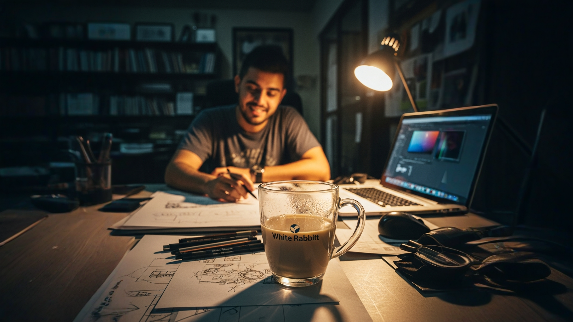 Vaso frío de té con leche de caramelo White Rabbit sobre escritorio en oficina