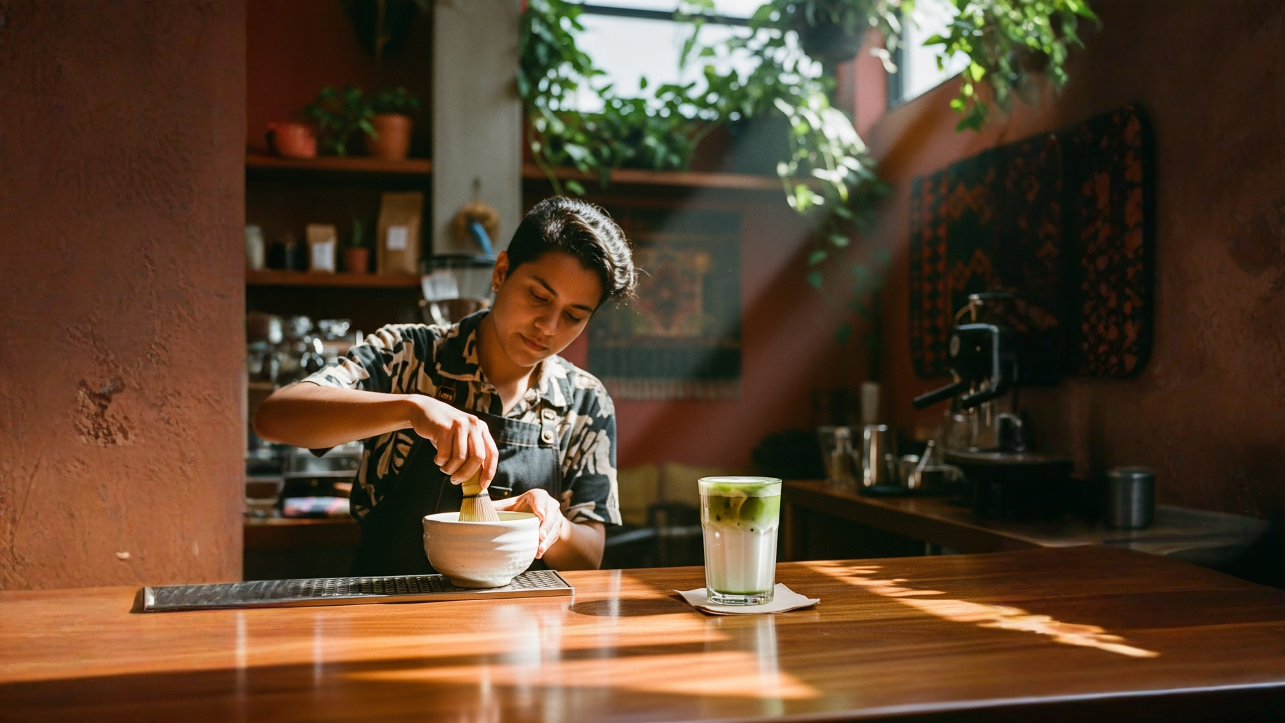 Vaso de té de matcha Uji con leche y batidor de bambú en barra de Escalante