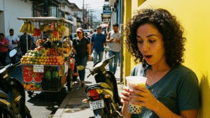 Vaso de té de perlas con leche frente a pared amarilla en San José