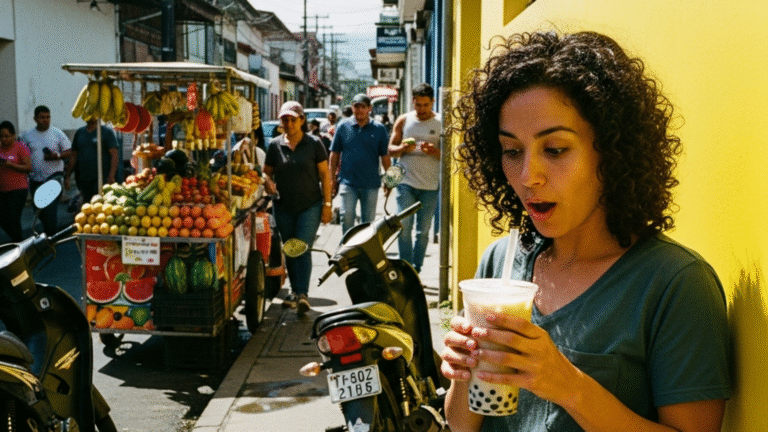 Té de perlas con leche en San José bobabocateacom Vaso de té de perlas con leche frente a pared amarilla en San José