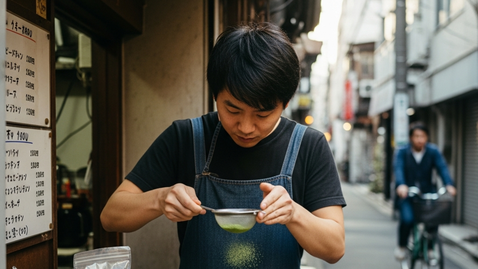 Vaso transparente con matcha latte con leche de color verde vibrante