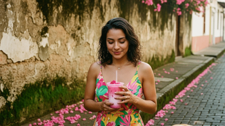 Té de fresa sakura con leche en San José bobabocateacom Vaso de té de fresa sakura con leche sobre mesa con pétalos rosados