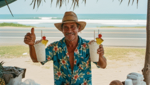 Vaso de té con leche piña colada con hielo y trozos de piña y coco