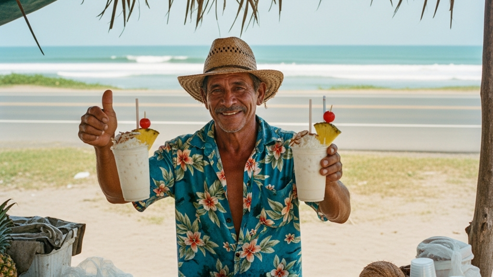 Vaso de té con leche piña colada con hielo y trozos de piña y coco