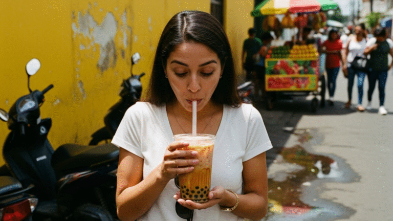 Té de perlas con leche en vaso transparente con hielo bobabocateacom Vaso transparente con té de perlas con leche y hielo con gotas de condensación