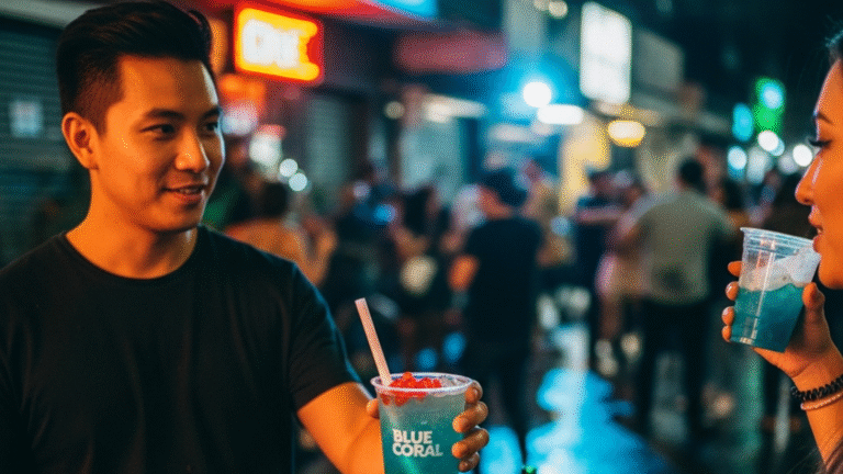Vaso azul de Blue Coral con popping boba roja y amarilla con hielo