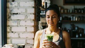 Vaso de matcha latte con leche sobre barra de madera en cafetería