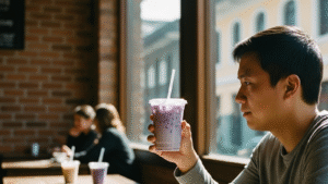 Vaso transparente con té de taro con leche y hielo junto a ventana