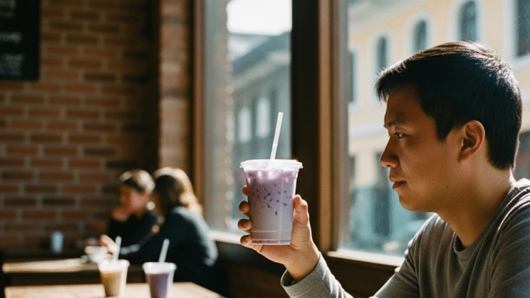 Té de taro con leche con hielo en vaso transparente bobabocateacom Vaso transparente con té de taro con leche y hielo junto a ventana