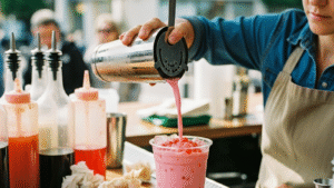 Vaso con té de leche de fresa fresas frescas y bolitas popping boba rojas